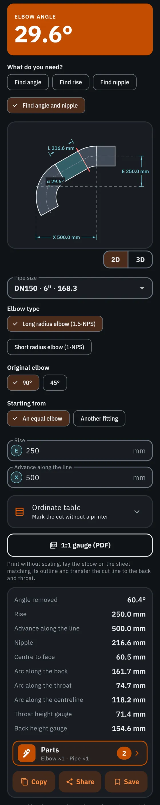GeoMont screen “Offsets · Offset with a cut elbow”, dark theme: an offset made with a cut elbow, drawn with its angle, its nipple, its rise and its advance, and the result, elbow angle.