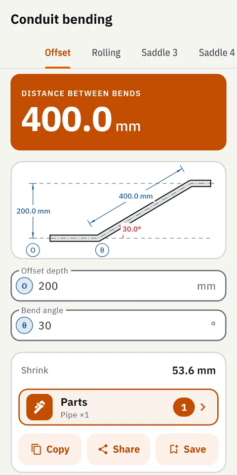 GeoMont screen “Conduit bending · Offset”, light theme: an offset bend drawn with its depth and its angle, and the result, distance between bends.