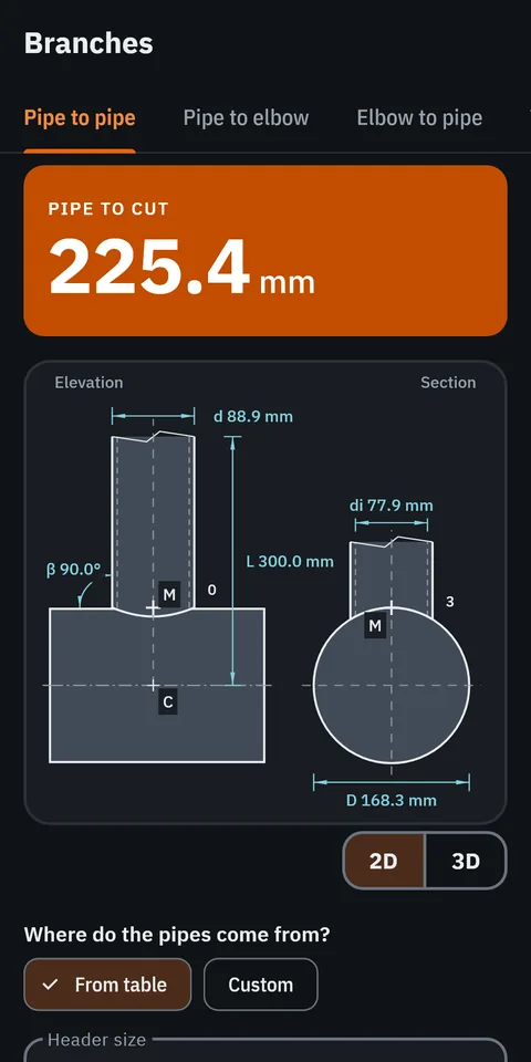 GeoMont screen “Branches · Pipe to pipe”, dark theme: elevation and section of a branch on a header, with their dimensions, and the result, pipe to cut.