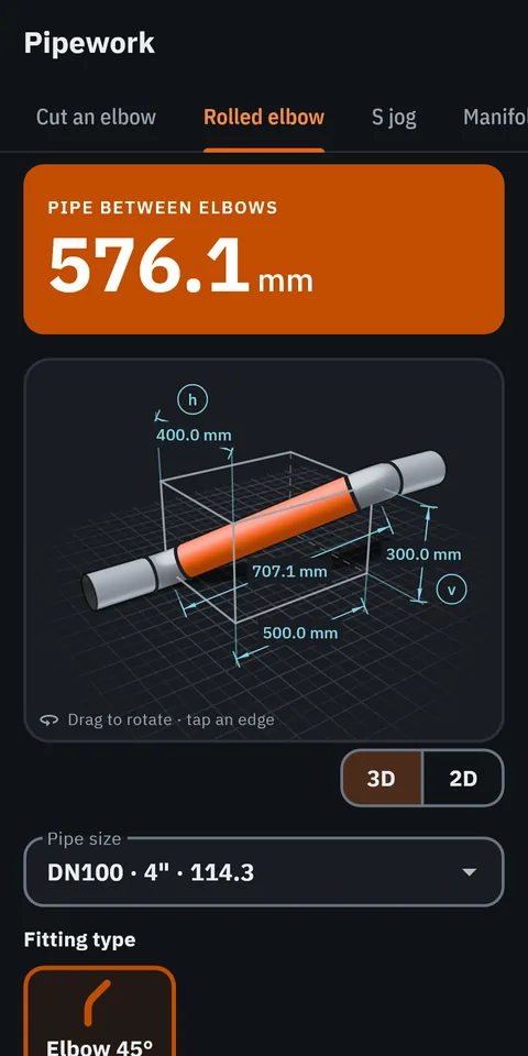 GeoMont screen “Pipework · Rolled elbow”, dark theme: a pipe between two 45° elbows in a 3D box with its dimensions, and the result, pipe between elbows.
