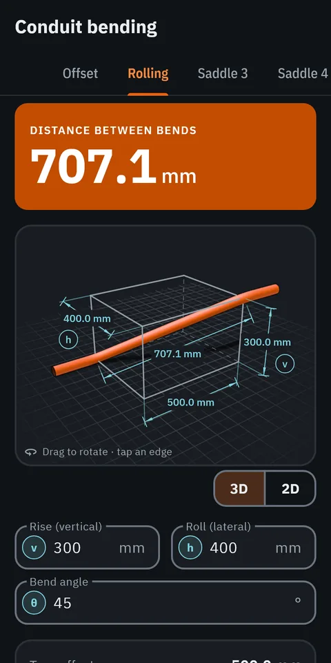 GeoMont screen “Conduit bending · Rolling”, dark theme: a rolling offset in a 3D box with its dimensions, and the result, distance between bends.
