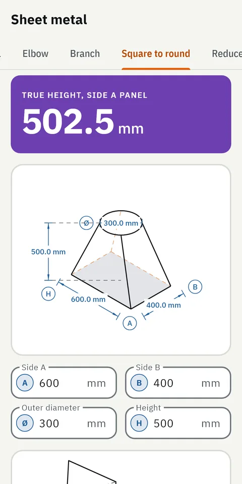 GeoMont screen “Sheet metal · Square to round”, light theme: a square-to-round transition drawn in perspective, and the result, true height of a panel.