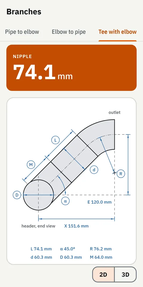GeoMont screen “Branches · Tee with elbow”, light theme: a tee with an elbow on its outlet, drawn with its dimensions, and the result, nipple.