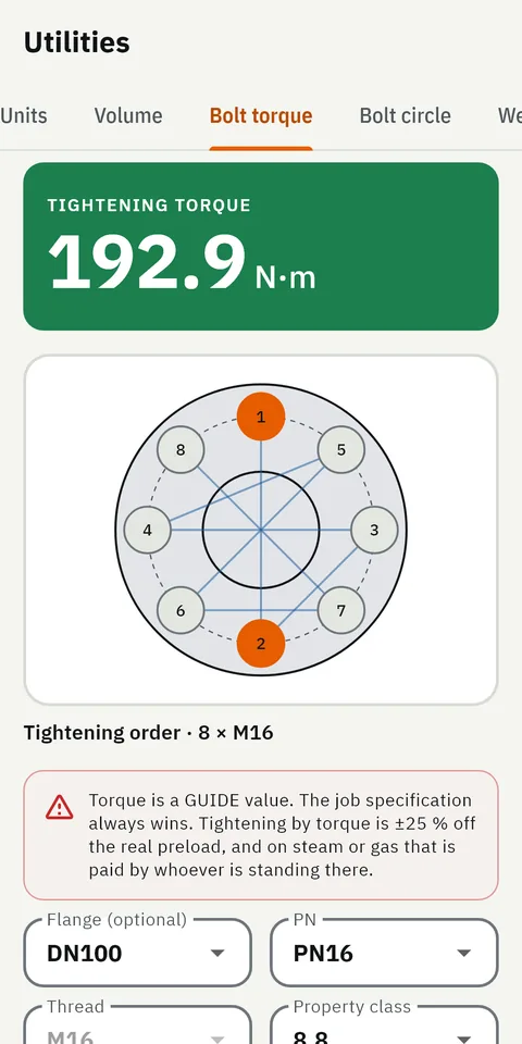 GeoMont screen “Utilities · Bolt torque”, light theme: the tightening order of a flange with eight bolts, and the result, tightening torque.