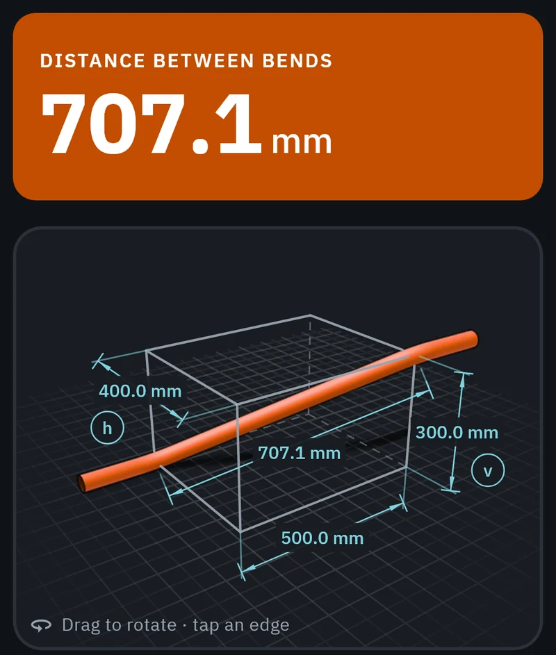 Part of the GeoMont screen “Conduit bending · Rolling”, dark theme: the result, distance between bends, and the rolling offset in a 3D box.