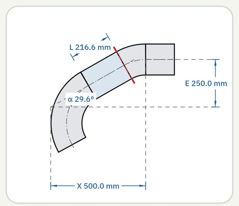Part of the GeoMont screen “Offsets · Offset with a cut elbow”, light theme: the drawing of an offset made with a cut elbow: its angle, its nipple, its rise and its advance.