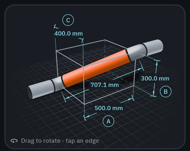 Part of the GeoMont screen “Offsets · 3D box offset”, dark theme: the 3D view of an offset inside its box, with its three dimensions.