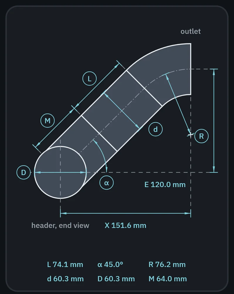 Part of the GeoMont screen “Branches · Tee with elbow”, dark theme: the drawing of a tee with an elbow on its outlet, with its dimensions.