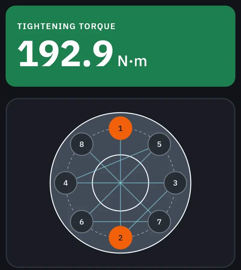 Part of the GeoMont screen “Utilities · Bolt torque”, dark theme: the result, tightening torque, and the tightening order drawn on a flange with eight bolts.