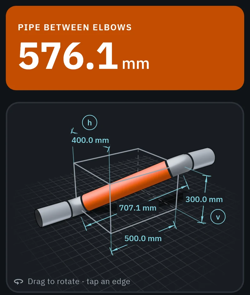 Part of the GeoMont screen “Pipework · Rolled elbow”, dark theme: the result, pipe between elbows, and the 3D box with the pipe and its dimensions.